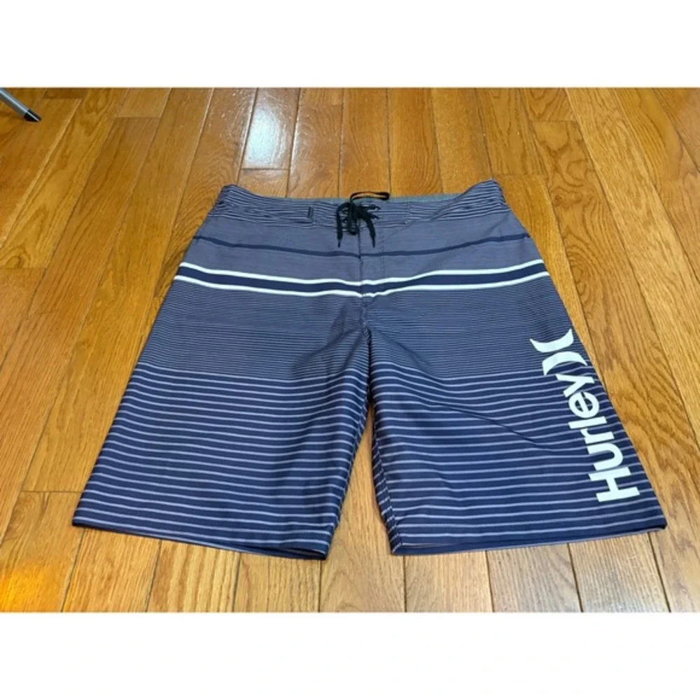 Hurley Mens Board Shorts Size‎ 32 Navy Blue Grey Striped Swim Trunks Logo Surf